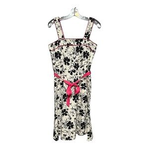 Scarlett Floral Square Neck Midi Dress Black White Pink Trim Waist Tie Summer